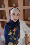 Liva Çiçek Desen İpek Vual Şal Lacivert