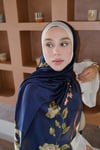 Liva Çiçek Desen İpek Vual Şal Lacivert