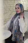 Tropikal Badem Desen Yün İpek Şal Mavi-Gümüş