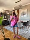 Pembe Köpek Baskılı Oversize Kadın Tişört – Rahat Kesim Günlük Basic T-Shirt