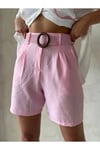 KEMERLİ PEMBE KETEN ŞORT