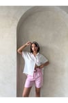 KEMERLİ PEMBE KETEN ŞORT
