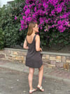 Kahve Sırt Dekolteli Keten Mini Elbise