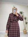 2981 - Kemerli Ekose Elbise -  Bordo