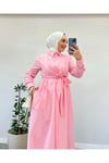 Belden Bağlamalı Tesettür Elbise-Pembe
