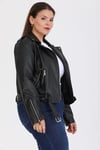 Büyük Beden Siyah Kemerli Deri Biker Ceket