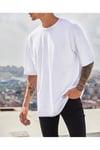 Erkek %100 Pamuk Unisex Siyah Oversize Bisiklet Yaka Tişört- Beyaz