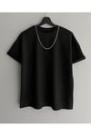 Erkek %100 Pamuk Unisex Siyah Oversize Bisiklet Yaka Tişört- Siyah