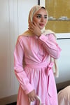 Gömlek Yaka Bağlamalı Poplin Kumaş Tesettür Elbise-Toz Pembe