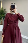 Gömlek Yaka Bağlamalı Poplin Kumaş Tesettür Elbise-Bordo
