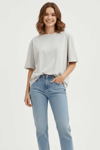 Kadın Basic Oversize Kısa Kollu T-Shirt- Taş