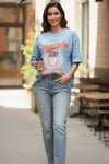 Kadın Basklı Oversize Rahat Kullanıma Uygun T-Shirt-Bebe Mavisi