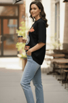 Kadın Basklı Oversize Rahat Kullanıma Uygun T-Shirt-Siyah