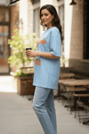 Kadın Basklı Oversize Rahat Kullanıma Uygun T-Shirt-Bebe Mavisi