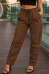Kadın Beli Bağcıklı Bilek Boy Keten Pantolon- Kahverengi