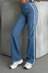 Kadın Çift Şeritli Baggy Jean Pantolon- Mavi