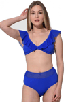 Kadın Düz Fırfırlı Yüksek Bel Bikini Takımı - Saks