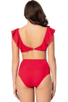 Kadın Düz Fırfırlı Yüksek Bel Bikini Takımı - Kırmızı