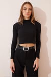 Kadın Fitilli Balıkçı Yaka Siyah Crop Örme Bluz