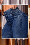 Kadın İspanyol Paça Beli Lasitkli Jean Pantolon- Lacivert