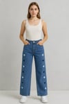 Kadın Kalp Nakışlı Baggy Jean Pantolon- Mavi