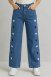 Kadın Kalp Nakışlı Baggy Jean Pantolon- Mavi