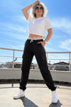 Kadın Kargo Pantolon Keten Kumaş - Siyah