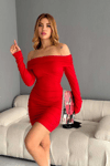 Kadın Kayık Yaka Büzgülü Bodycon Uzun Kollu Elbise-Kırmızı