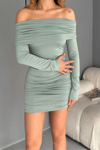 Kadın Kayık Yaka Büzgülü Bodycon Uzun Kollu Elbise-Mint Yeşili