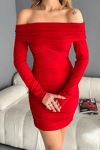 Kadın Kayık Yaka Büzgülü Bodycon Uzun Kollu Elbise-Kırmızı