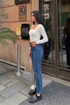 Kadın Kemer Dahil Ful Likralı Mom Jean Pantolon- Koyu Mavi