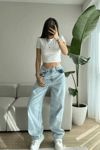 Kadın Kemer Tokalı Baggy Jean Pantolon- Açık Mavi