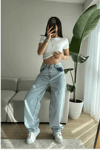 Kadın Kemer Tokalı Baggy Jean Pantolon- Açık Mavi