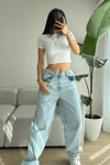 Kadın Kemer Tokalı Baggy Jean Pantolon- Açık Mavi
