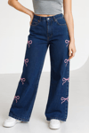 Kadın Kurdele Nakışlı Baggy Jean Pantolon- Kot Mavi