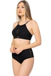 Kadın Siyah Bağcıklı Tül Detaylı Yüksek Bel Bikini Takımı