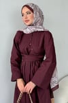 Keten Yan Çapraz Bağlamalı Elbise-Bordo