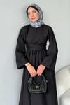 Keten Yan Çapraz Bağlamalı Elbise-Siyah