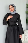 Keten Yan Çapraz Bağlamalı Elbise-Siyah