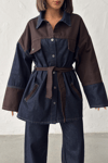 Kuşaklı Ceket- Pantolon Denim Takım- Kahverengi Lacivert