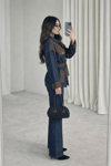 Kuşaklı Ceket- Pantolon Denim Takım- Kahverengi Lacivert