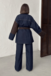 Kuşaklı Ceket- Pantolon Denim Takım- Kahverengi Lacivert