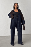 Kuşaklı Ceket- Pantolon Denim Takım- Kahverengi Lacivert
