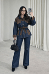 Kuşaklı Ceket- Pantolon Denim Takım- Kahverengi Lacivert