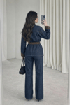 Kuşaklı Ceket- Pantolon Denim Takım- Kahverengi Lacivert