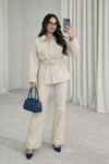Kuşaklı Ceket- Pantolon Denim Takım- Krem