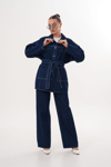 Kuşaklı Ceket- Pantolon Denim Takım- Lacivert