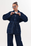 Kuşaklı Ceket- Pantolon Denim Takım- Lacivert