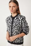 Leopar Desenli Kısa Sakallı Triko Hırka- Siyah