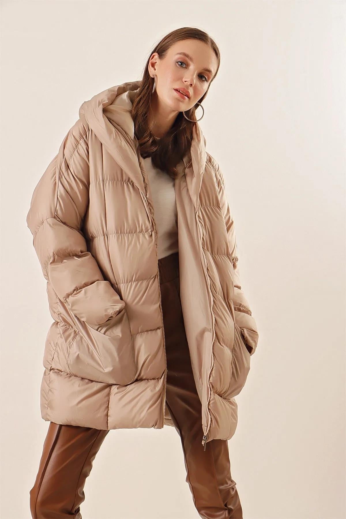 Oversize Şişme Mont Uzun Kalın su geçirmez Standart Beden Uyumlu bedenler 38-40-42-44)